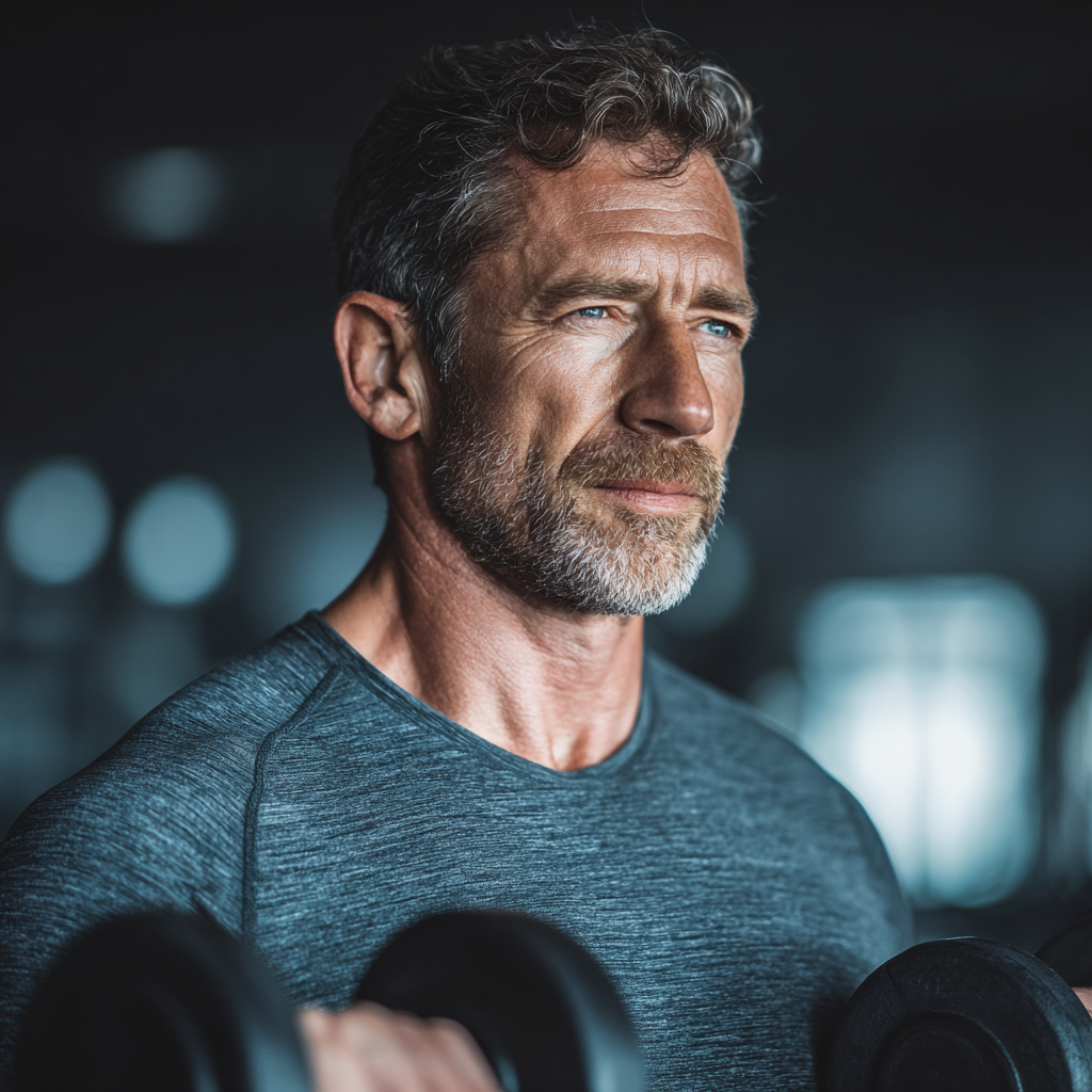 Confident mature man in his 50s doing strength training with dumbbells in modern gym, showing determination and focus