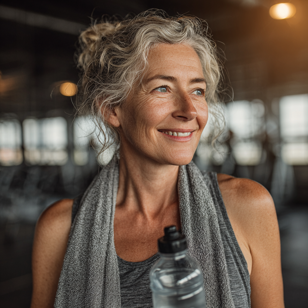 Energetic mature woman in her 50s smiling confidently after workout session in modern fitness center, wearing athletic clothes and holding water bottle