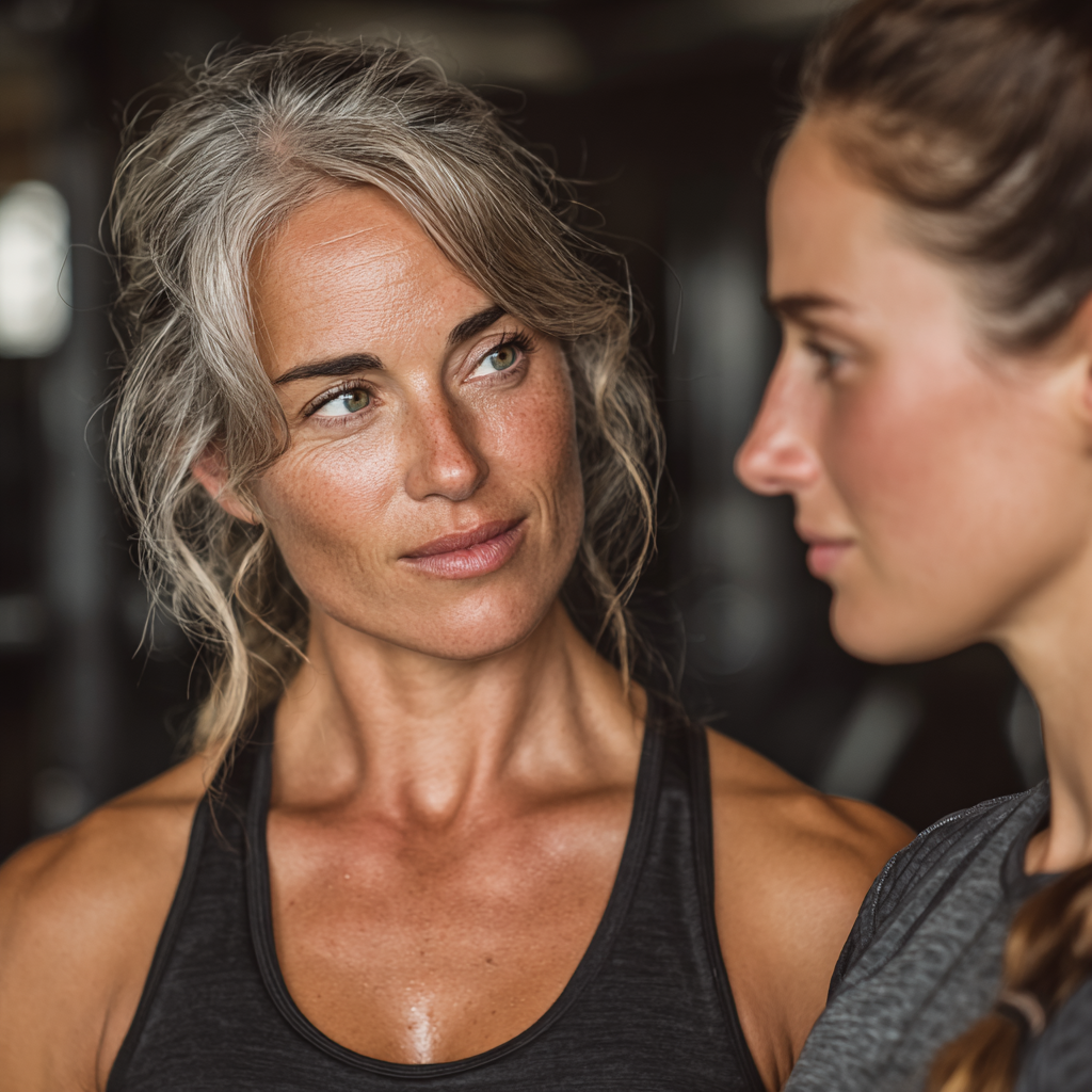 Professional female trainer in her 40s working with mature client during personalized training session, both showing positive engagement